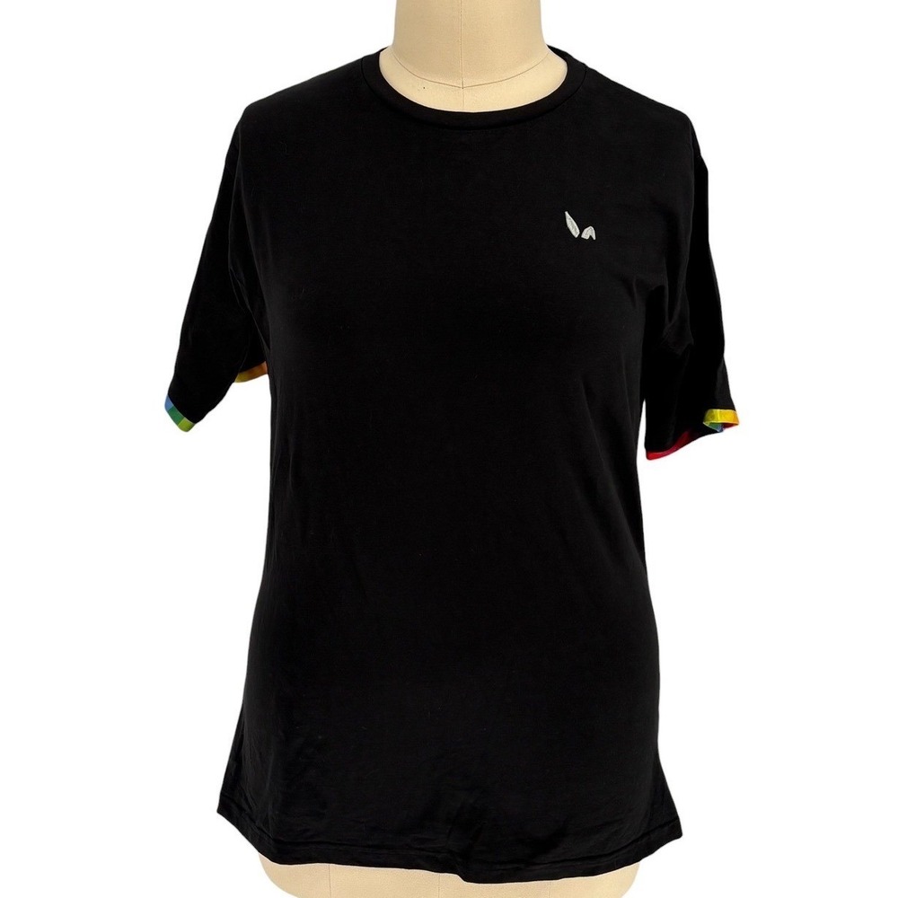 PrideBunny T-Shirt Black Rainbow Sleeve Trim Cotton Logo Size 20